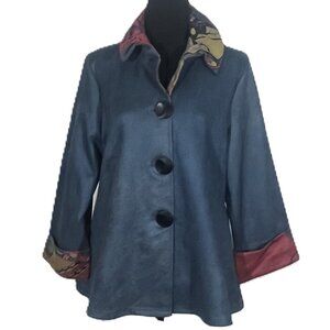 SLATE BLUE FAUX SUEDE WITH ABSTRACT COLLAR AND CUFF JACKET